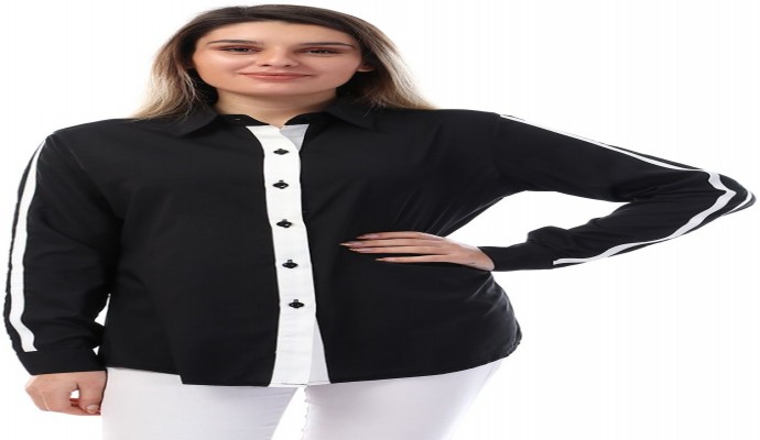 قميص قطن لونين بأزرار امامية واطراف دائرية للنساء من اندورا - اسود