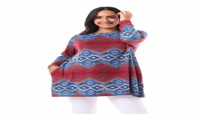 بلوزة قطن منقوشة واسعة طويلة للنساء من جميلة - متعددة الالوان، 3XL