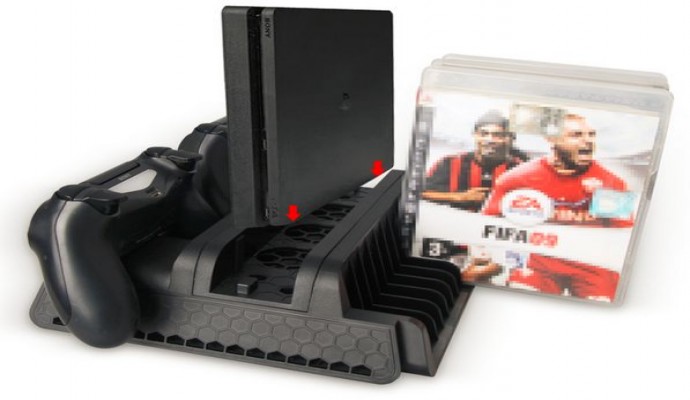 منصة عمودية لوحدات التحكم مع مروحة تبريد وقاعدة شحن وفتحات تخزين لاجهزة بلاي ستيشن 4 سليم برو