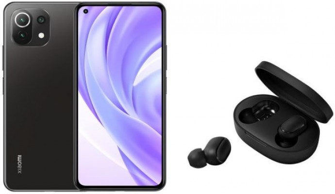 موبايل شاومي مي 11 لايت بشريحتين اتصال - 6.55 بوصة، 128 جيجابايت، 8 جيجابايت رام، شبكة الجيل الرابع ال تي اي - اسود مع سماعات لاسلكية شاومي مي ترو Basic 2