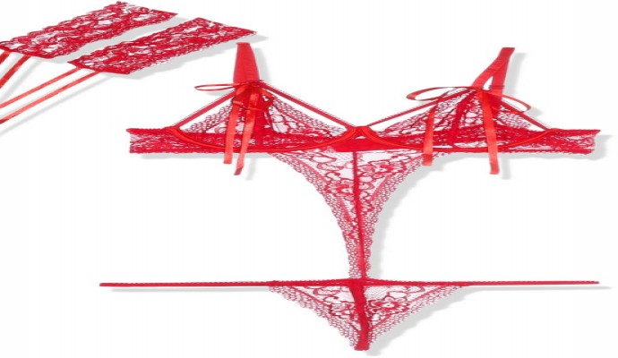 لانجيري متصل دانتيل شفاف ببانتي جي سترينج للنساء من جيه بي - احمر