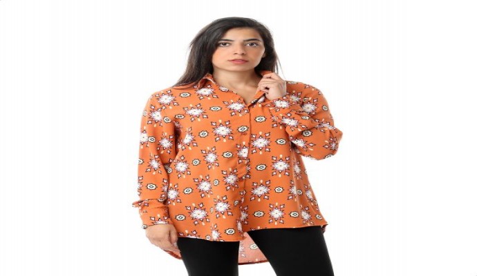 قميص منقوش قصير من الامام وطويل من الخلف بأكمام طويلة وازرار امامية للنساء من اندورا - برتقالي داكن، L