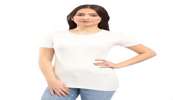 تيشيرت قطن سادة برقبة دائرية واكمام قصيرة للنساء من اندورا - ابيض