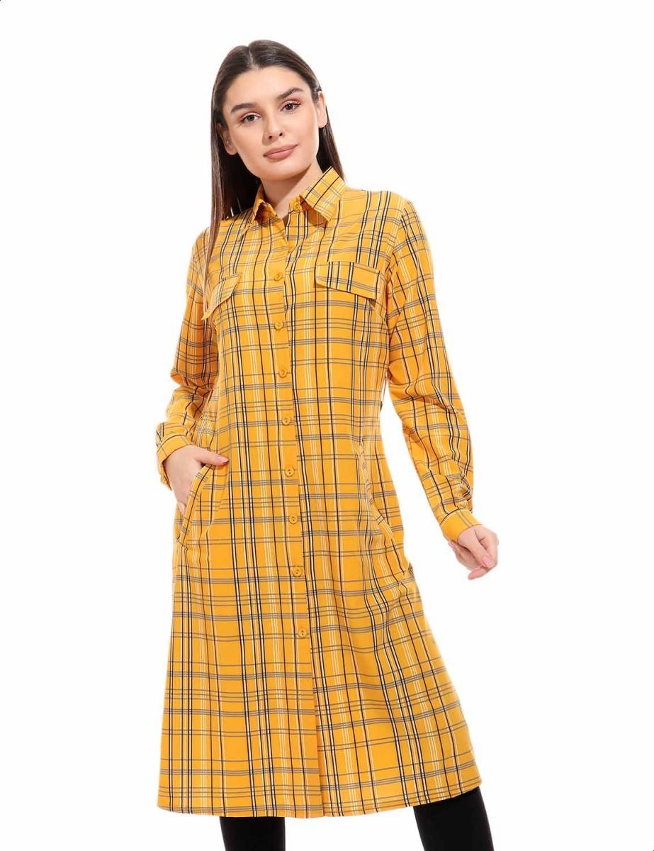 قميص كاروهات بأكمام طويلة وجيوب جانبية للنساء من اندورا - اصفر، XXL